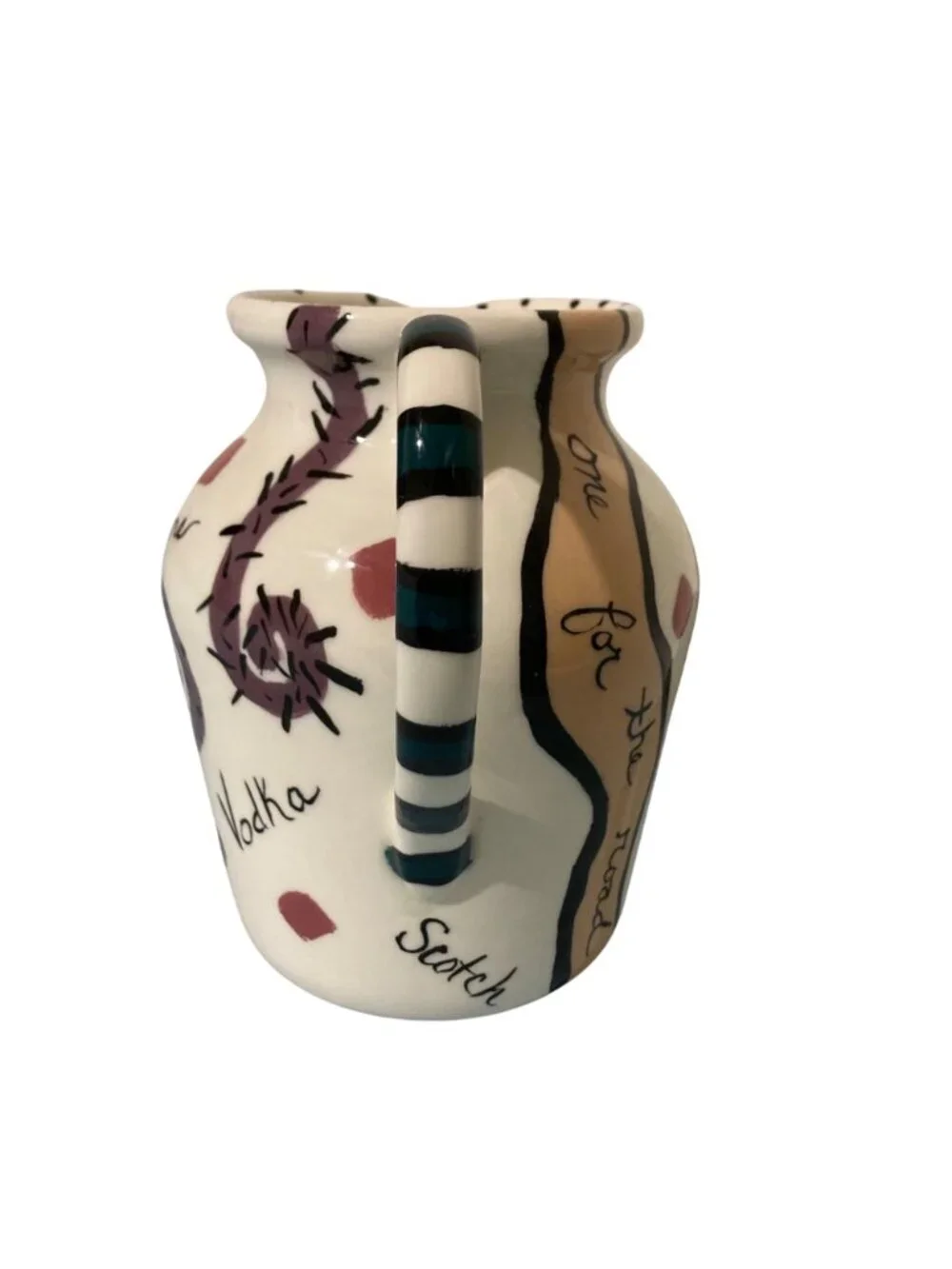 Hand Painted Barware Ceramic Pitcher With Abstract Design Fun Drink-Themed Text